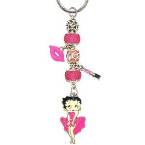Betty Boop Key Chain With Hot Pink European Beads, Lips, Lipstick Charms Crystal